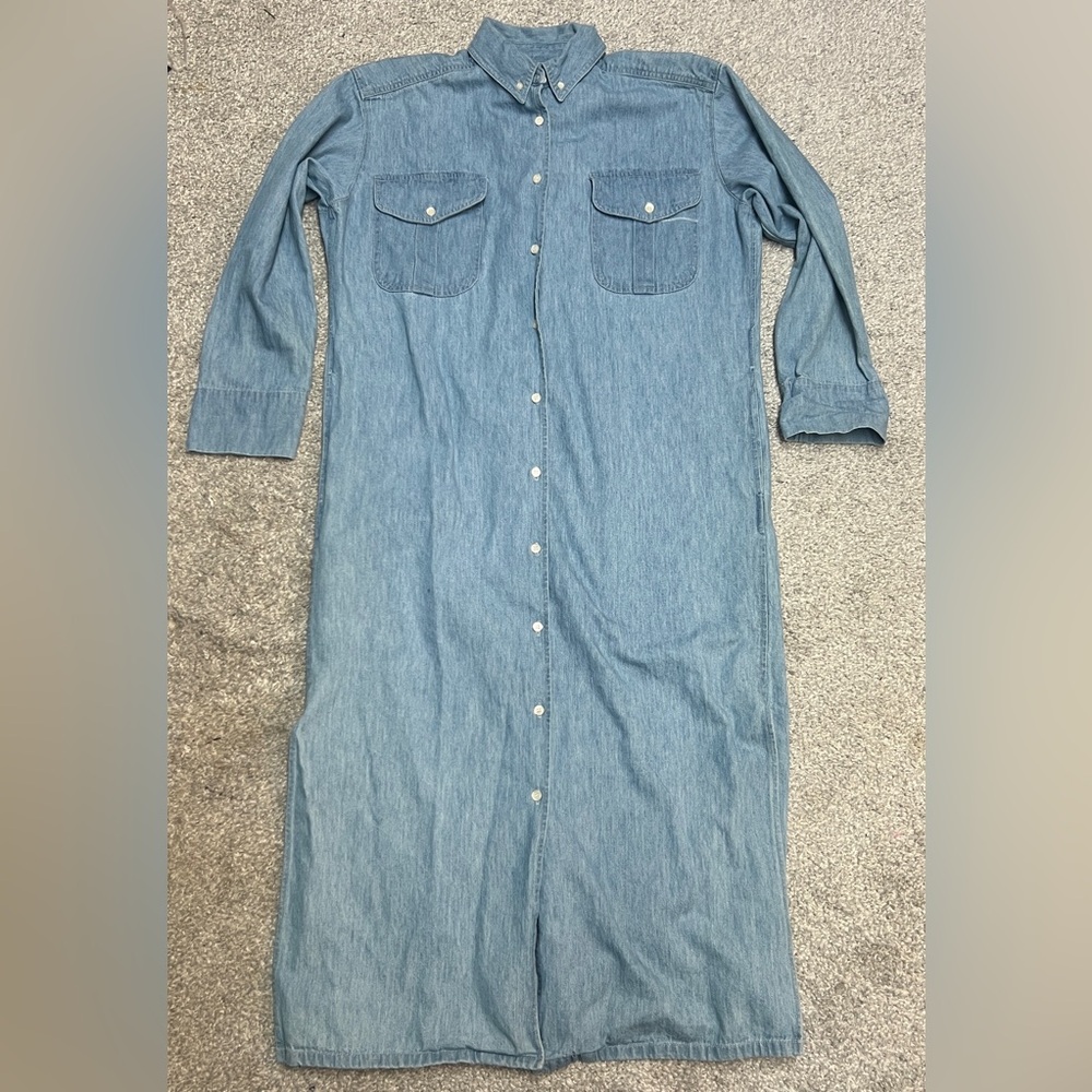 J Peterman Denim Dress Womens Medium Light Blue cotton button up Shirt Dress